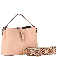 Pale pink Buckle Flap Shoulder Bag w/ Pattern Strap for stylish versatility