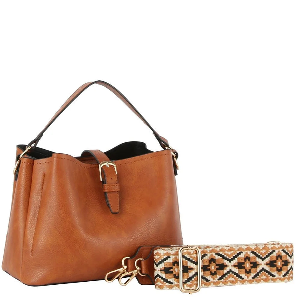 Tan leather Buckle Flap Shoulder Bag with a detachable patterned strap