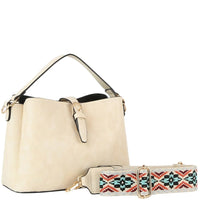 Cream-colored leather Buckle Flap Shoulder Bag with decorative patterned strap