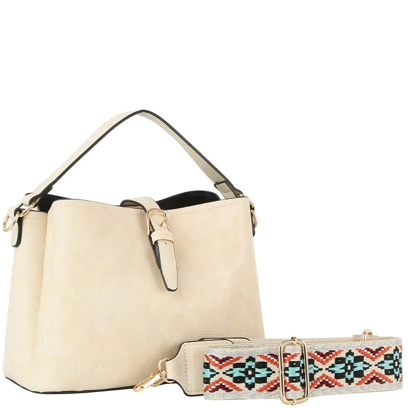 Cream-colored leather Buckle Flap Shoulder Bag with decorative patterned strap