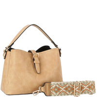 Beige leather Buckle Flap Shoulder Bag with detachable patterned strap