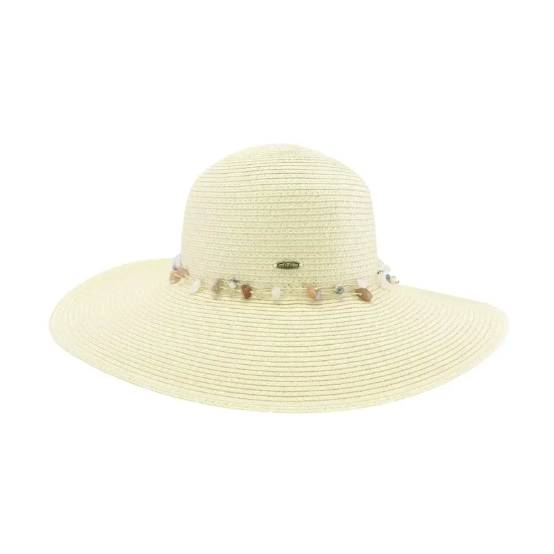 Wide-brimmed cream sun hat with gem stone string trim decorative band