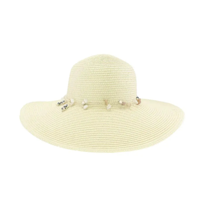 Wide-brimmed cream sun hat with gem stone string trim for stylish sun protection