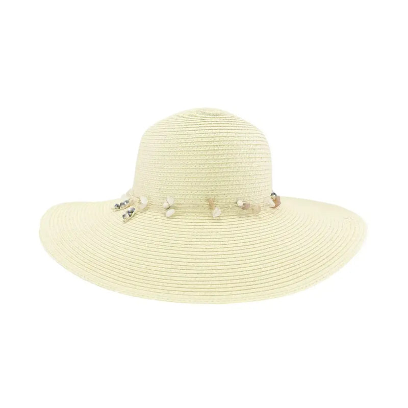 Wide-brimmed cream sun hat with gem stone string trim for stylish sun protection