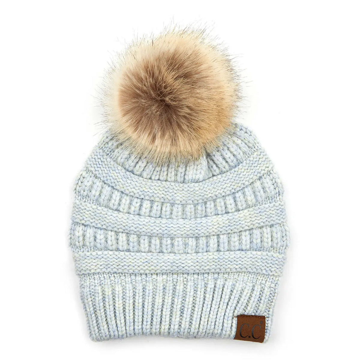 Knitted light gray winter hat with fluffy tan pom-pom by C.C. Natural Pom Knit Beanie