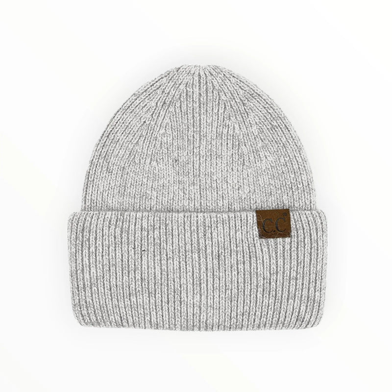 Light gray ribbed knit double cuff beanie with a brown leather patch from C.C