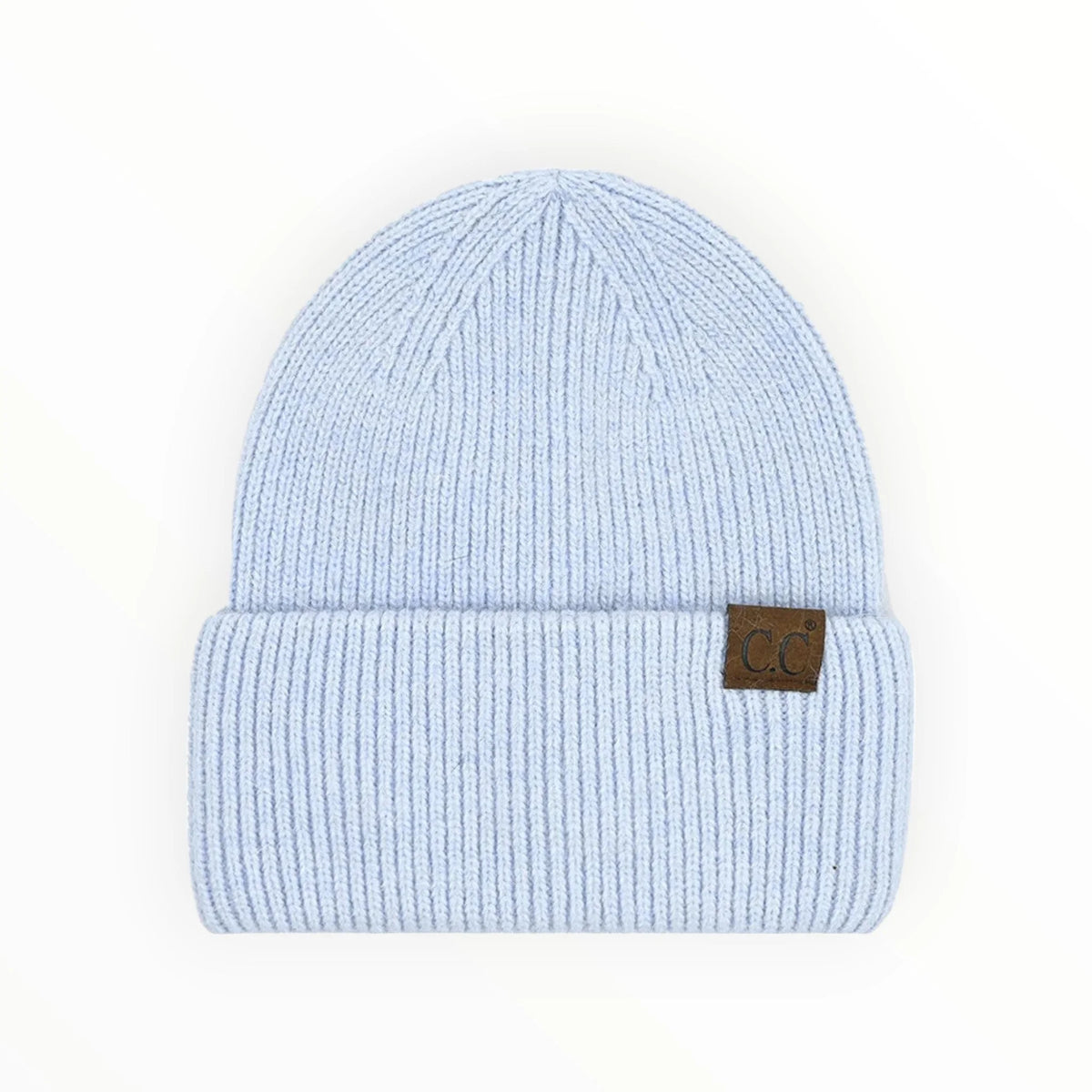 Light blue double cuff beanie with brown leather patch from C.C