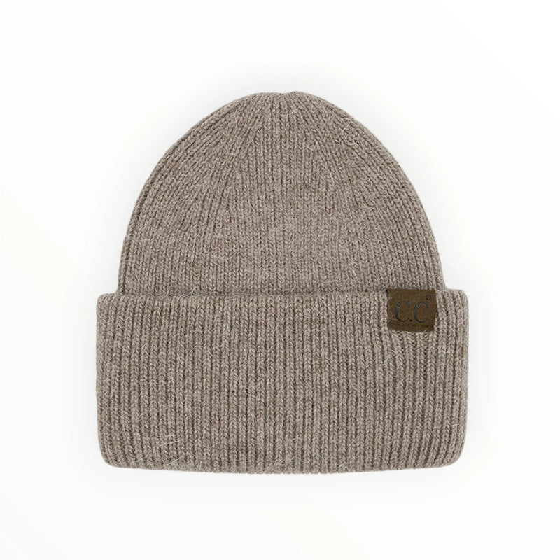 Gray double cuff beanie with a brown label for stylish winter warmth