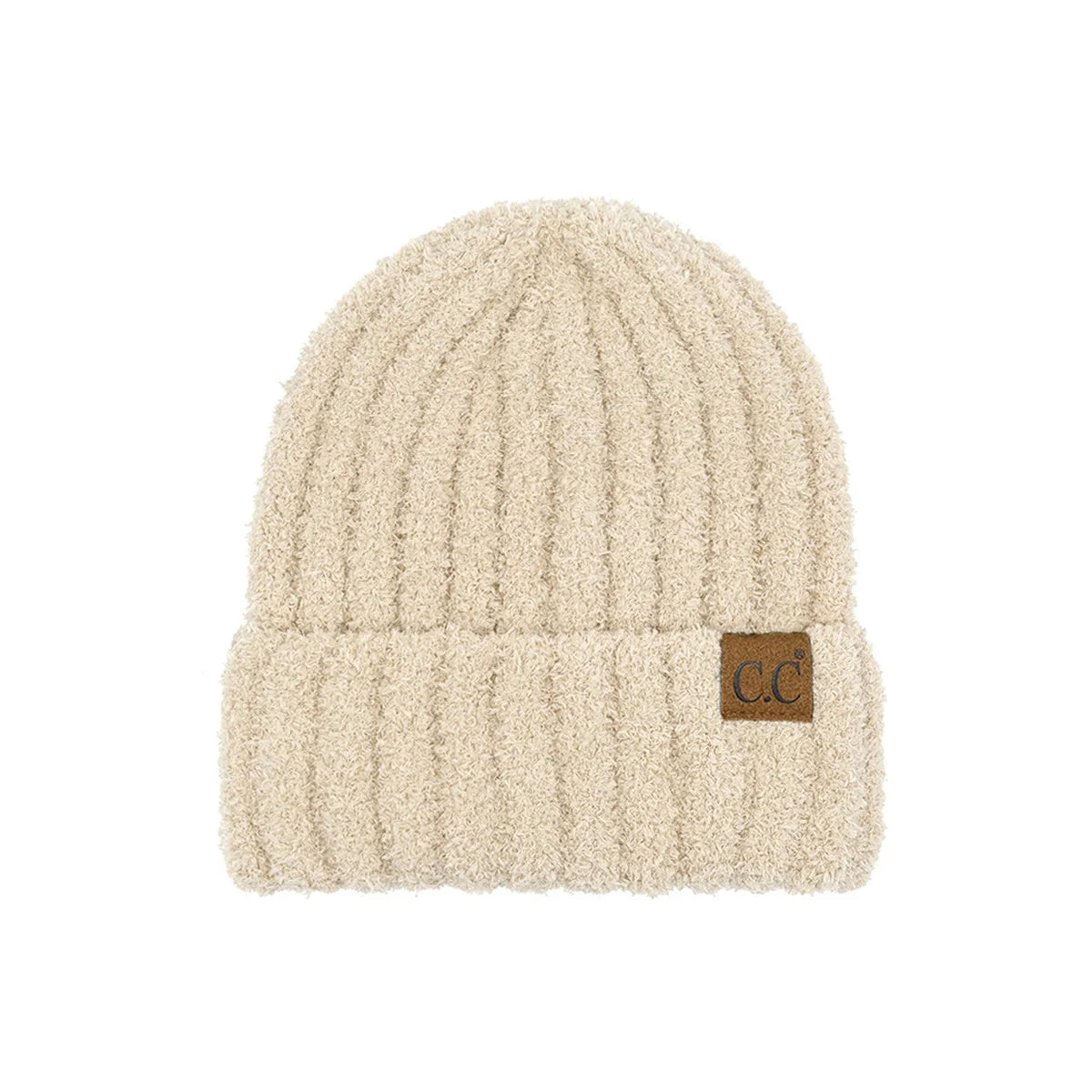 Beige knit beanie hat with brown leather patch from C.C. Fuzzy Cozy Beanie collection