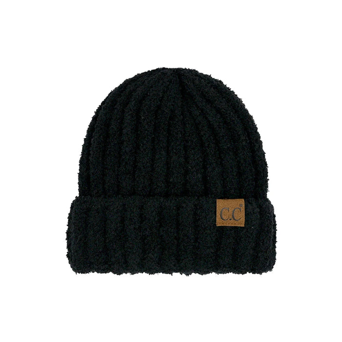 Black knit beanie with brown leather patch, perfect fuzzy cozy beanie for winter