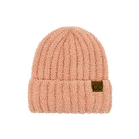 Soft peachy pink C.C. Fuzzy Cozy Beanie with ribbed texture and brown label