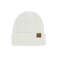 White knit beanie with brown leather patch from the C.C. Fuzzy Cozy Beanie collection