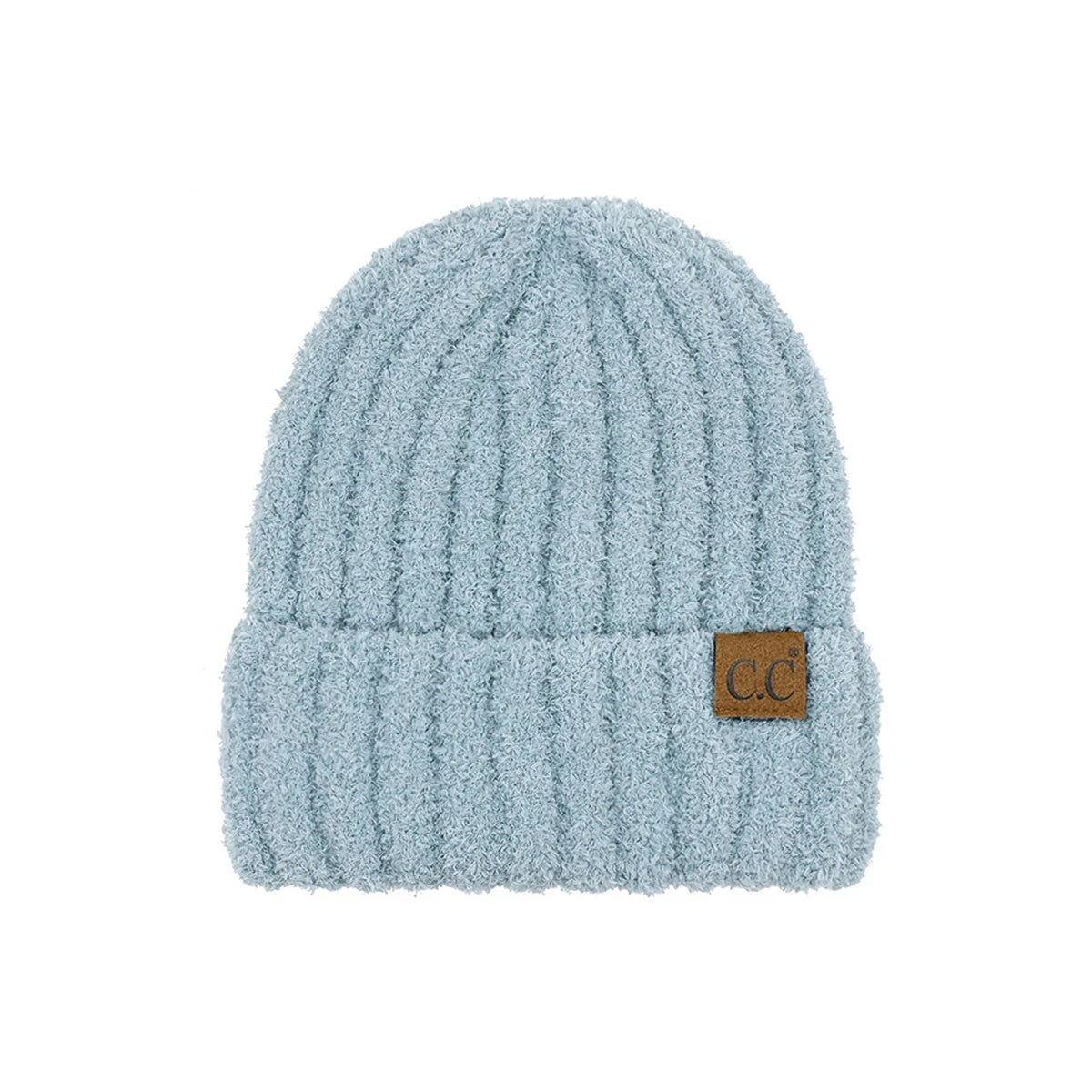 Light blue cozy beanie with brown leather patch from C.C. Fuzzy Cozy Beanie collection