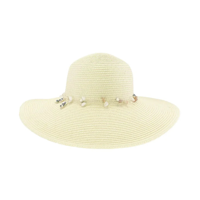 Wide-brimmed cream sun hat with gem stone string trim for stylish sun protection