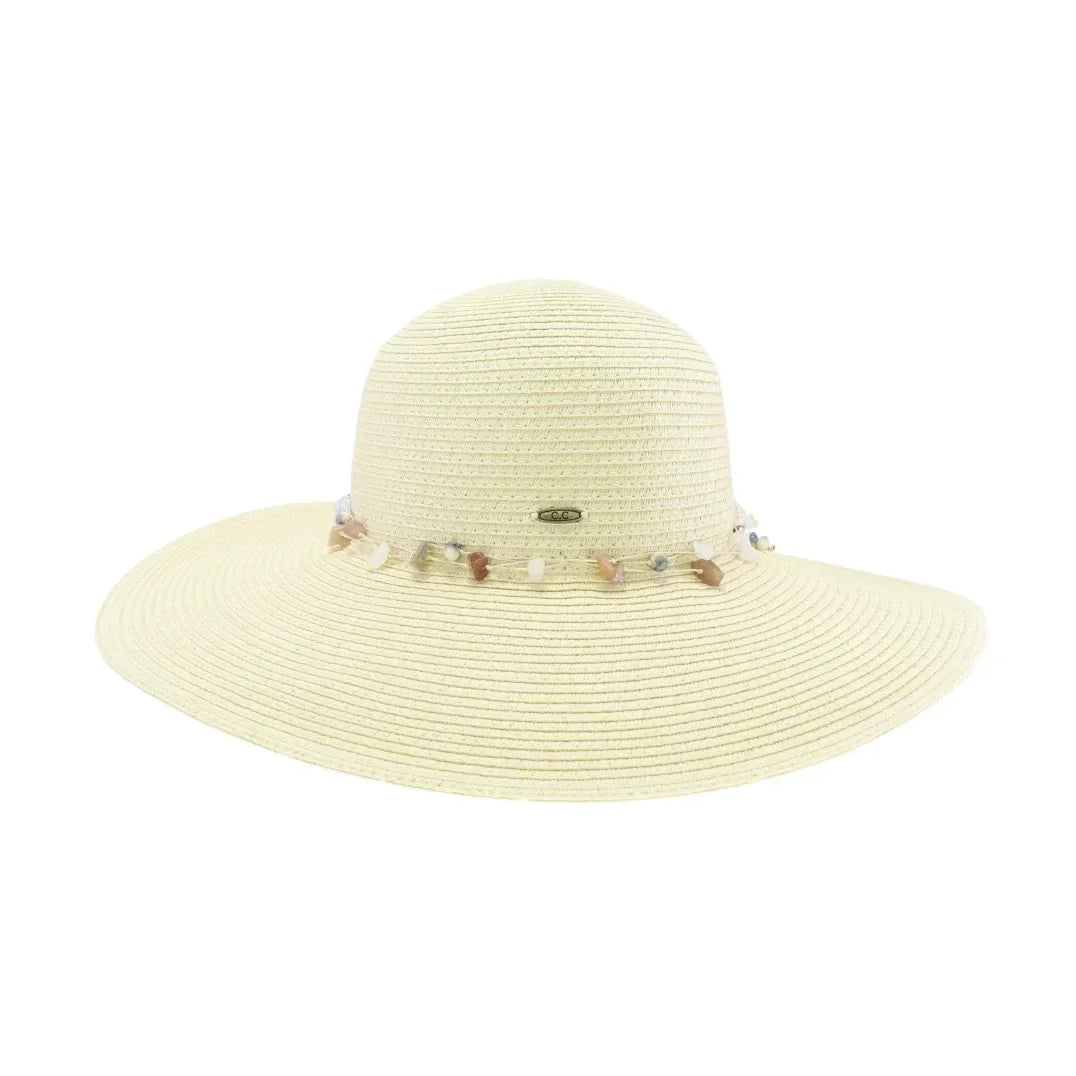 Wide-brimmed cream sun hat with gem stone string trim decorative band