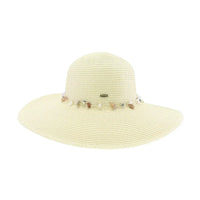 Wide-brimmed cream sun hat with gem stone string trim decorative band