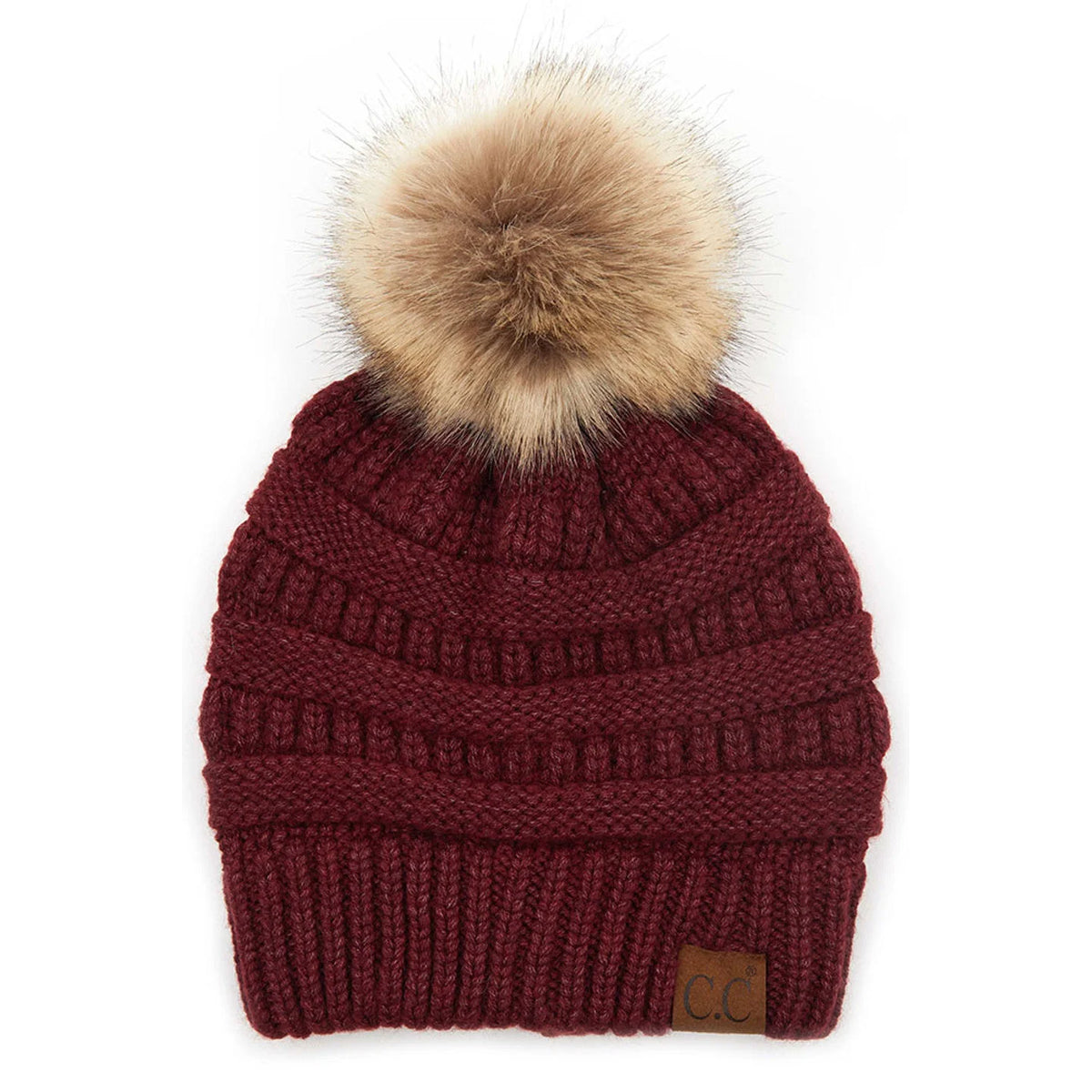 Burgundy knit beanie with fluffy tan pom-pom from C.C. Natural Pom Knit Beanie