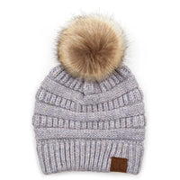 Gray C.C. Natural Pom Knit Beanie with tan faux fur pom-pom on top