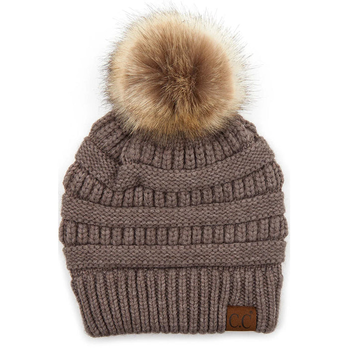 Knitted brown winter hat with furry pom-pom, C.C. Natural Pom Knit Beanie