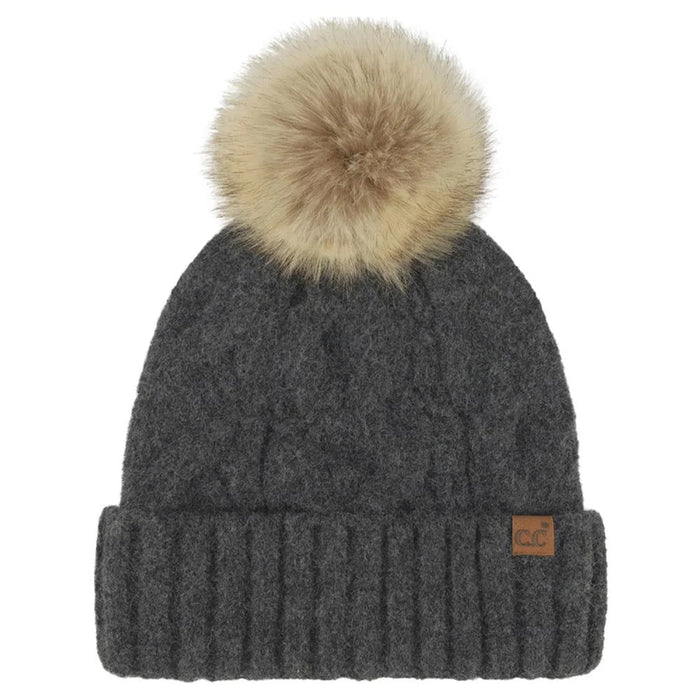 Cable Knit Faux Fur Pom Pom Beanie - Black