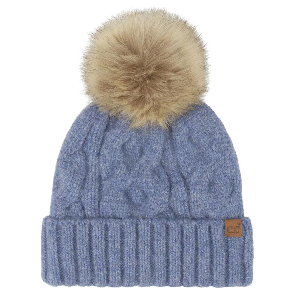 Cable Knit Faux Fur Pom Pom Beanie