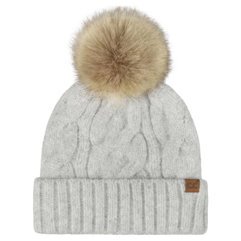 Cable Knit Faux Fur Pom Pom Beanie