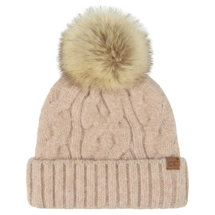 Cable Knit Faux Fur Pom Pom Beanie - Taupe