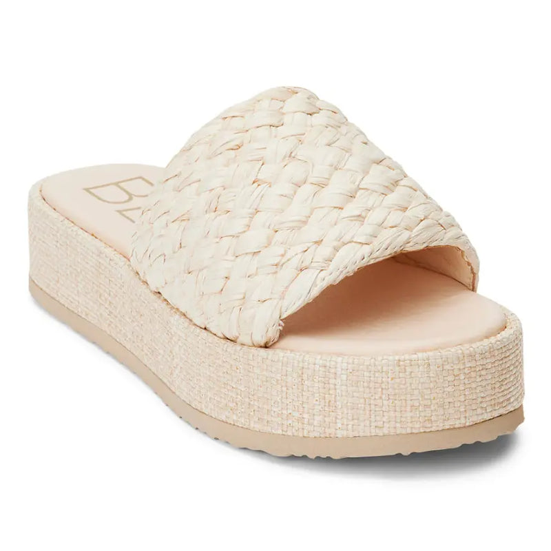 Cream-colored Cairo Raffia Platform Sandal featuring a woven design and textured sole