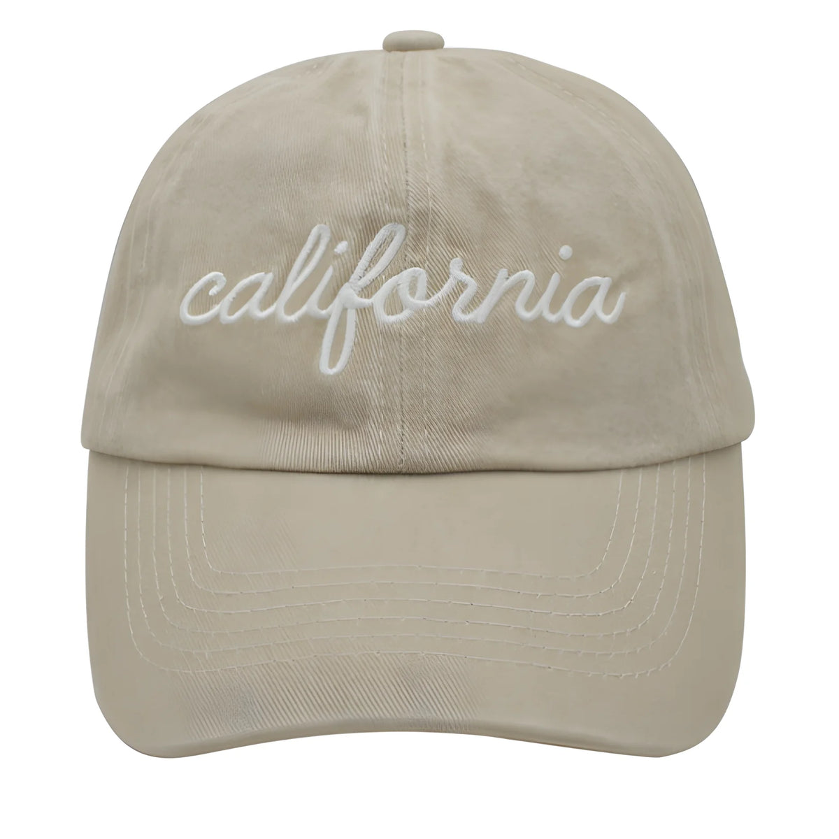 Beige California Baseball Cap with white cursive embroidery for a stylish look