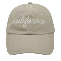 Beige California Baseball Cap with white cursive embroidery for a stylish look