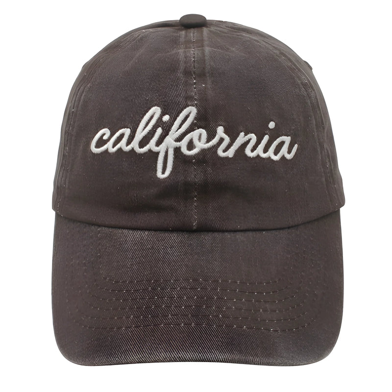 Dark gray California Baseball Cap with white cursive embroidered text