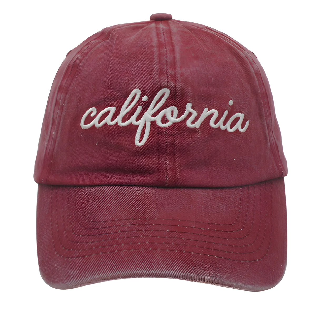 Red California baseball cap with embroidered white script for stylish summer wear