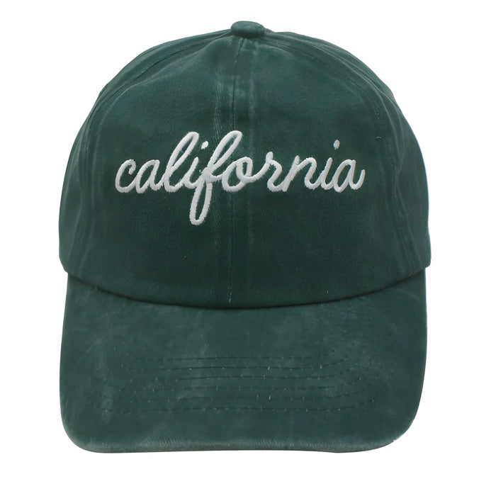 Dark green California baseball cap with white cursive embroidery text