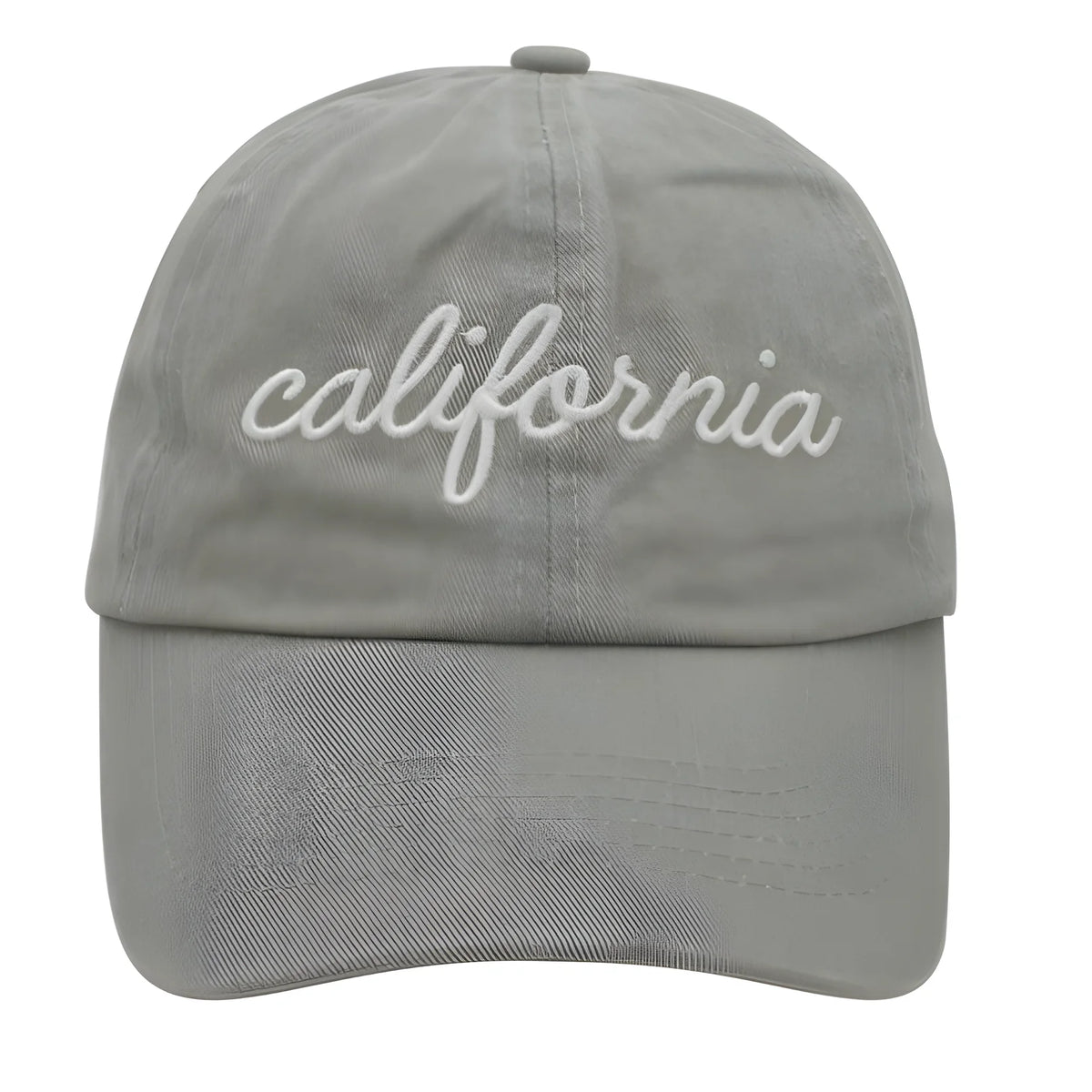 Gray California baseball cap with white cursive embroidery for stylish outdoor wear