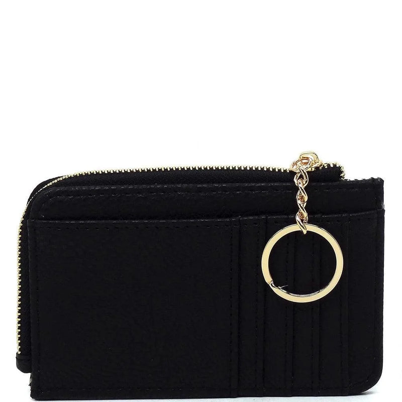 Black faux vegan leather Card Holder Keychain Wallet with gold zipper and key ring