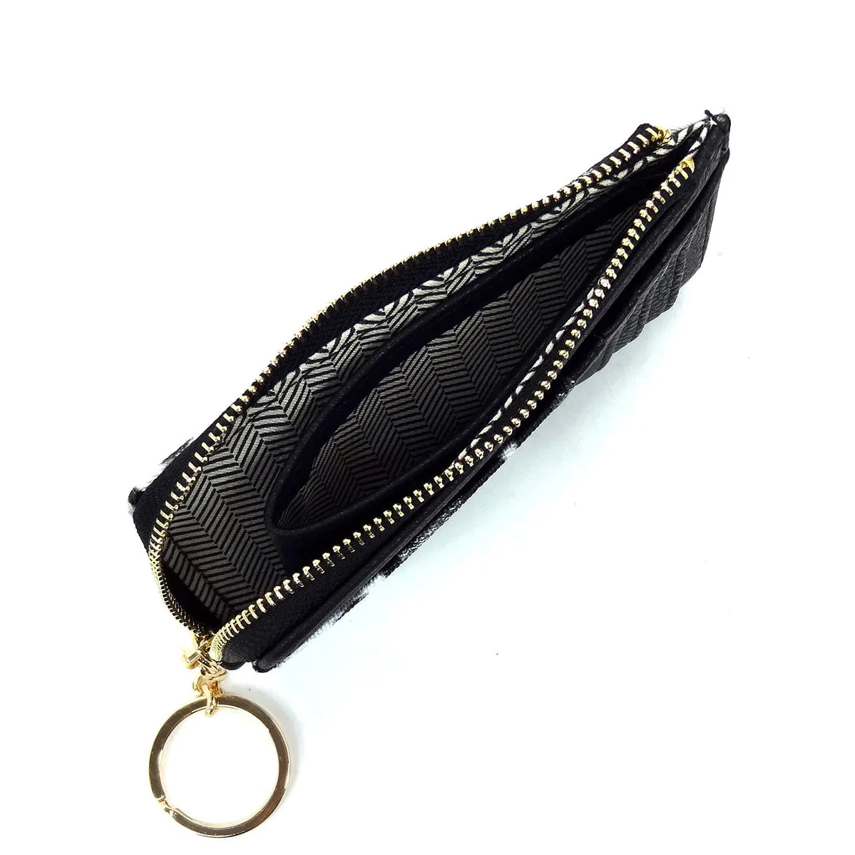 Black zippered coin purse holder keychain wallet in faux vegan leather with a key ring