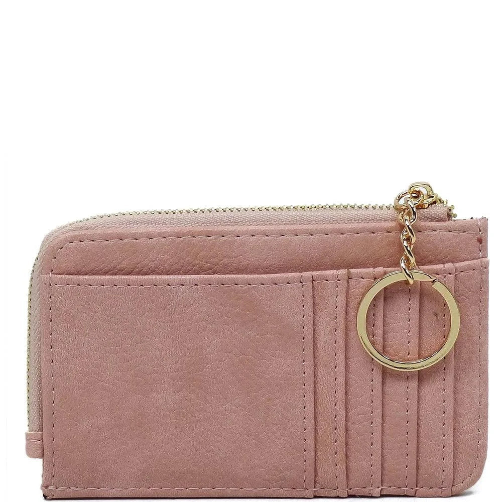 Pink faux vegan leather card holder keychain wallet with zipper and key ring attachment