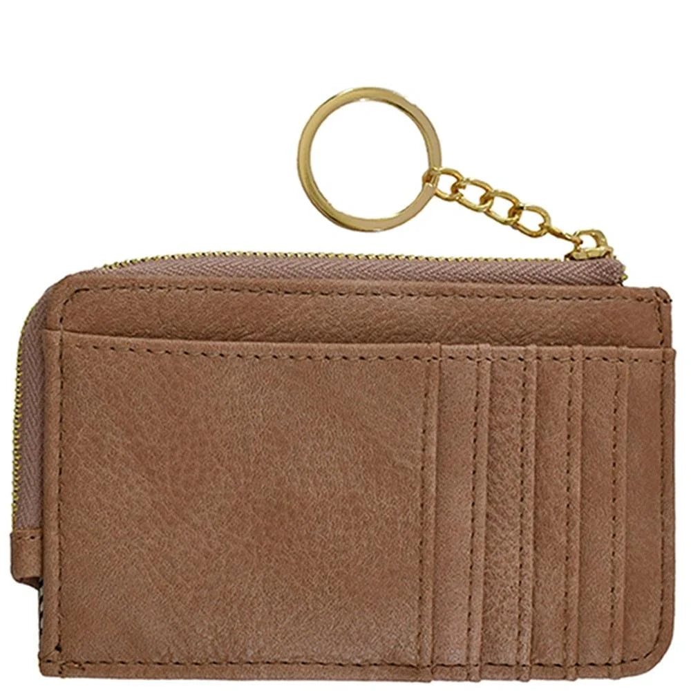 Brown leather card holder keychain wallet with zipper and keyring attachment