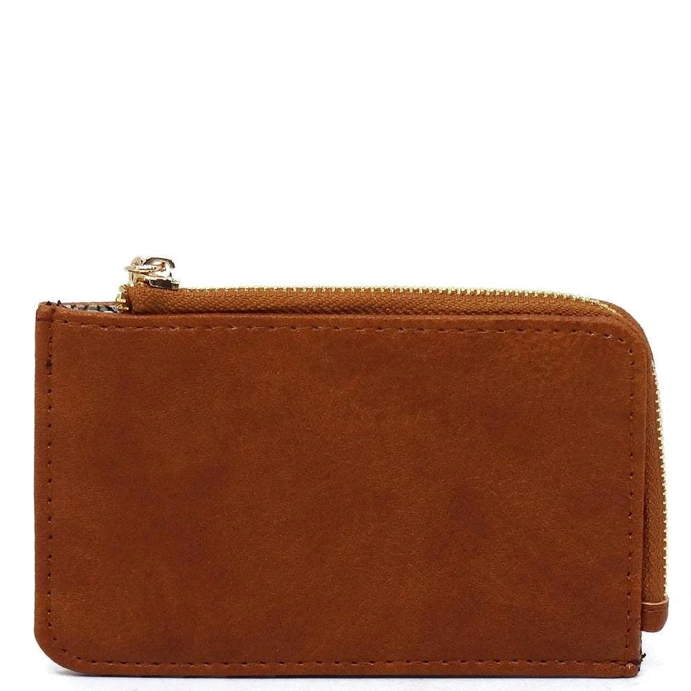 Brown leather card holder keychain wallet with zipper closure for stylish organization