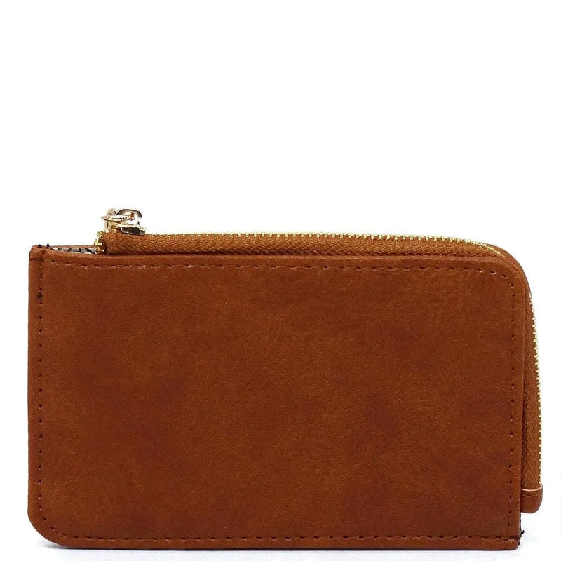 Brown leather card holder keychain wallet with zipper closure for stylish organization