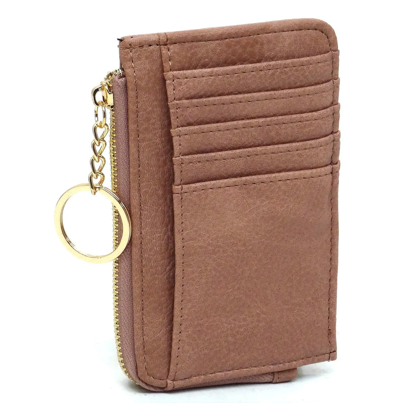 Brown leather card holder keychain wallet with zipper and key ring attachment