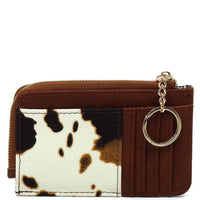 Brown leather card holder keychain wallet with cow print panel and keyring