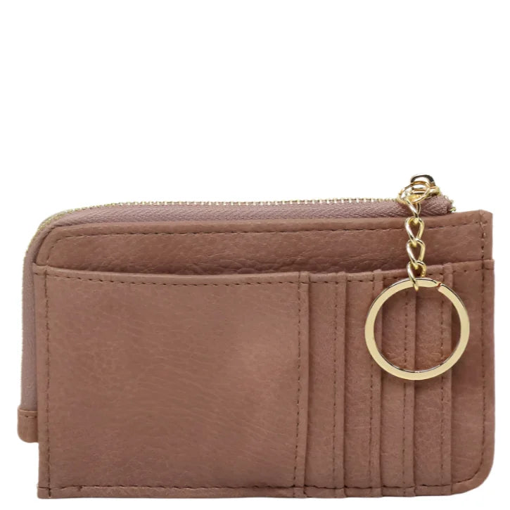 Brown leather card holder keychain wallet with zipper and key ring attachment