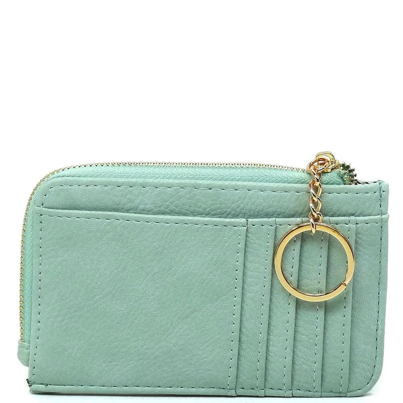 Mint green faux vegan leather card holder keychain wallet with zipper and gold ring