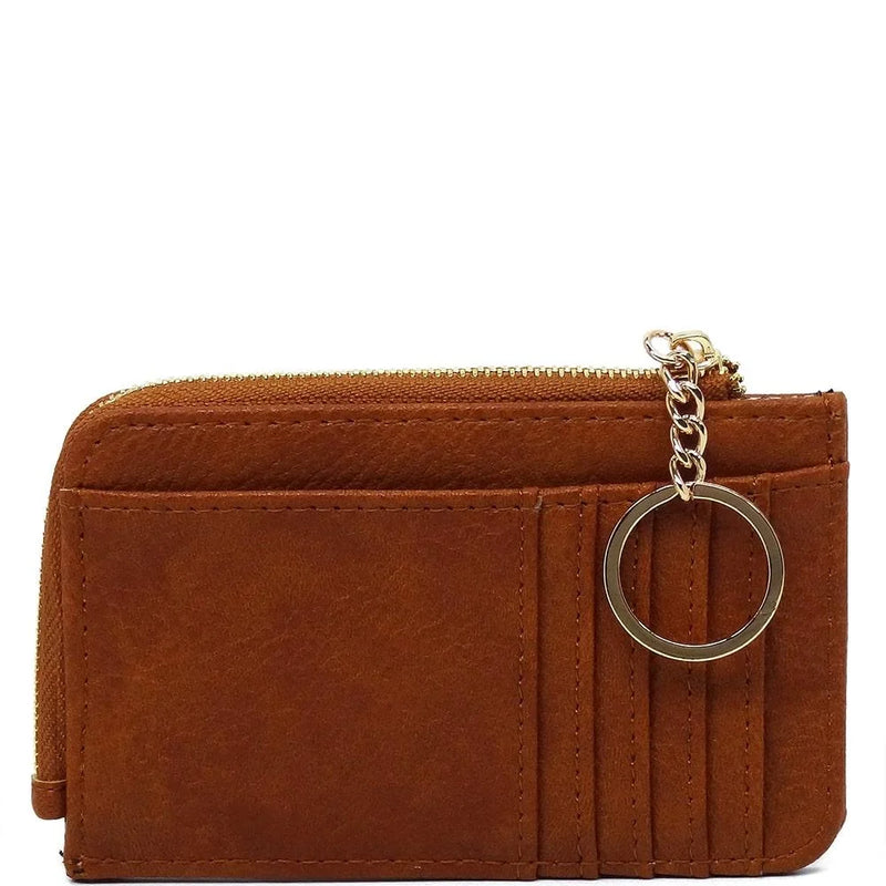 Brown leather card holder keychain wallet with zipper and key ring attachment