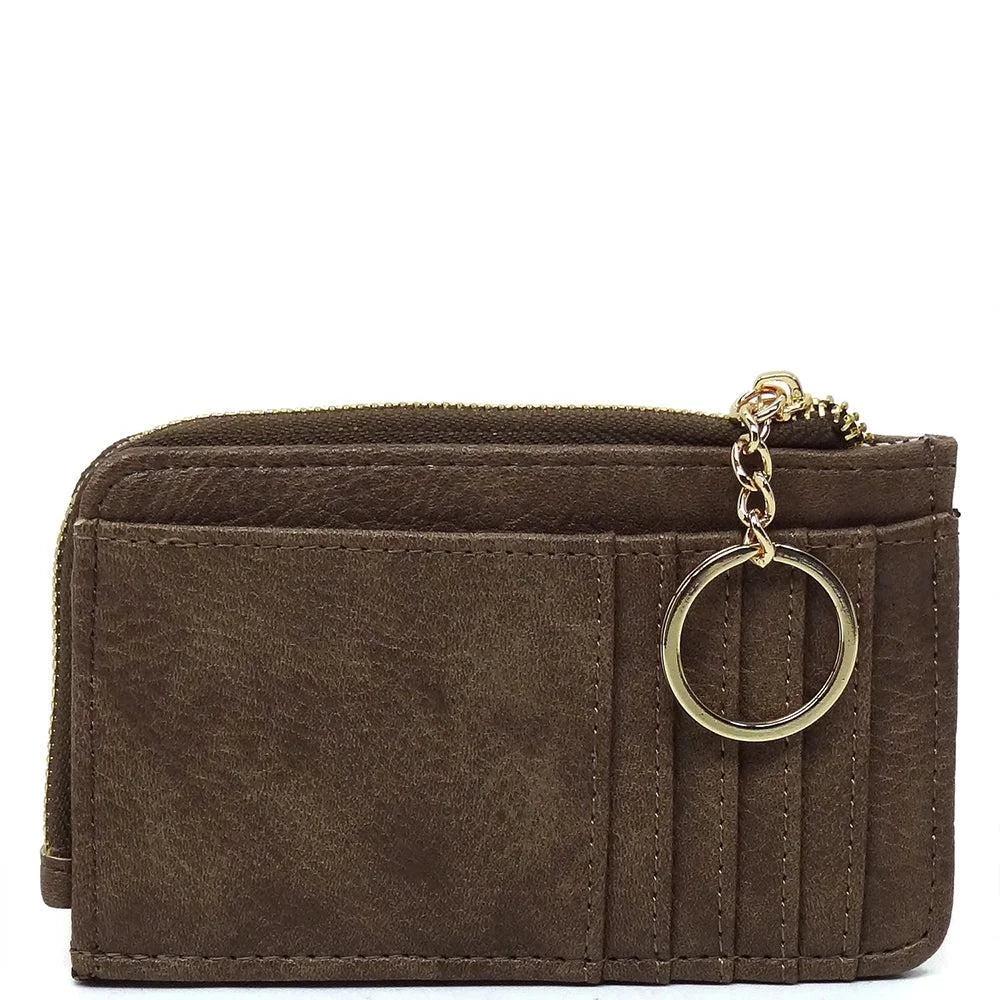 Brown leather card holder keychain wallet with keyring attachment for easy access