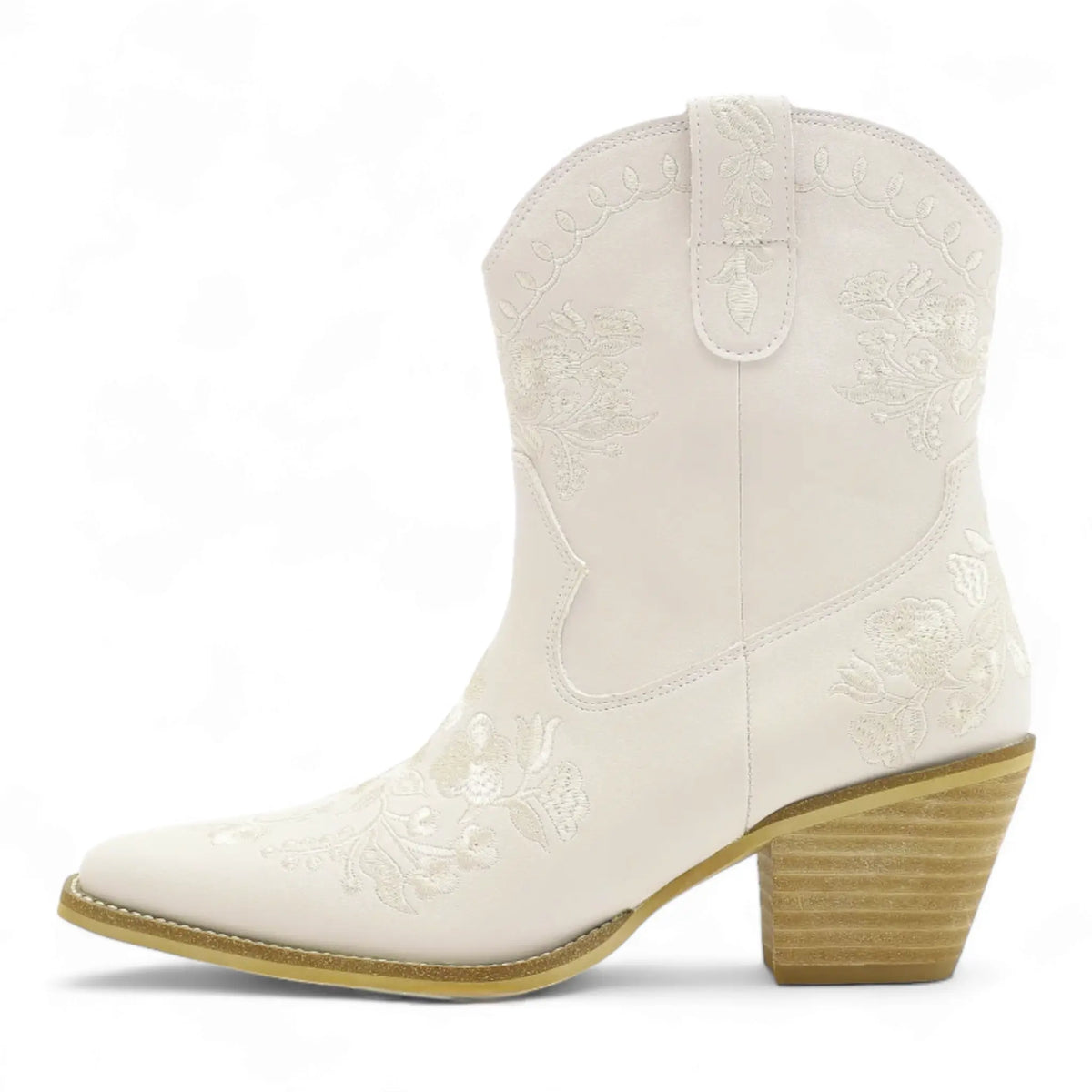 White Carolina Flora Cowgirl Bootie featuring a pointed toe and stacked wooden heel