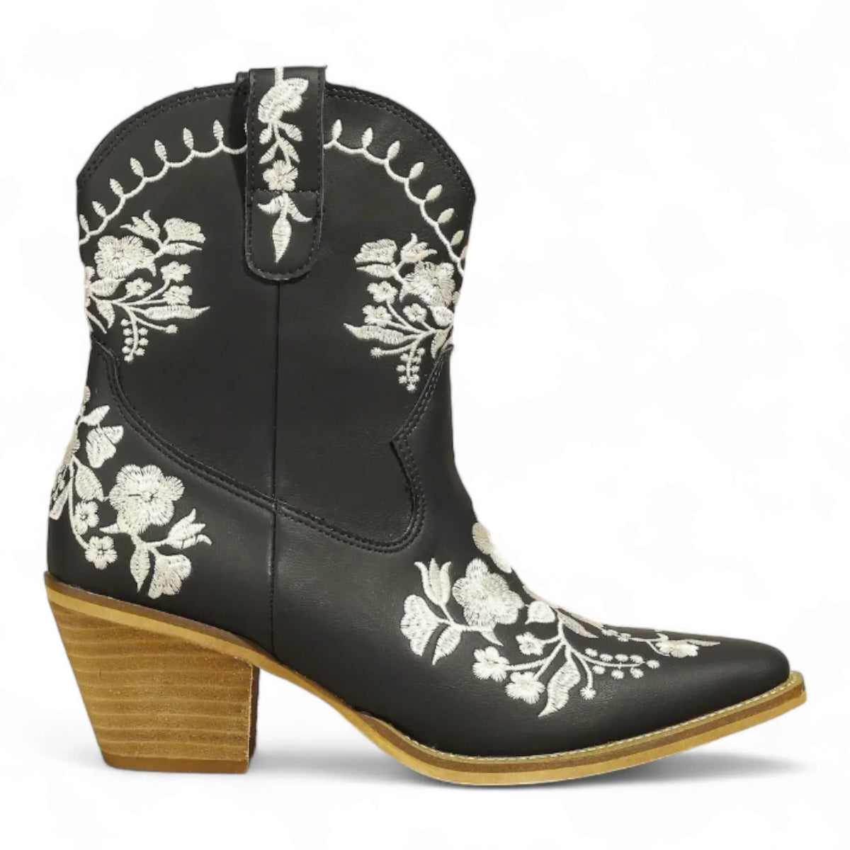 Black Carolina Flora Cowgirl Bootie with white floral embroidery and wooden heel