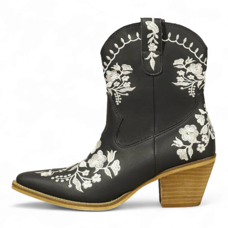 Black Carolina Flora Cowgirl Bootie with white floral embroidery and wooden heel