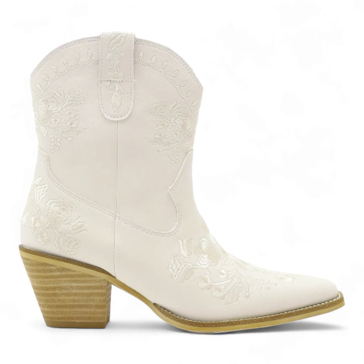 White Carolina Flora Cowgirl bootie featuring a pointed toe and stacked heel style